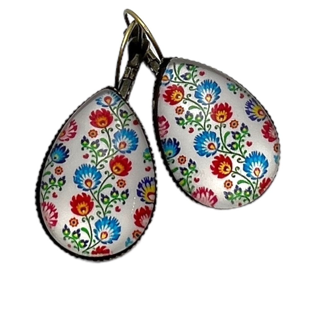 POLISH Folk Art Glass Cabochon Teardrop Lever Back Earrings